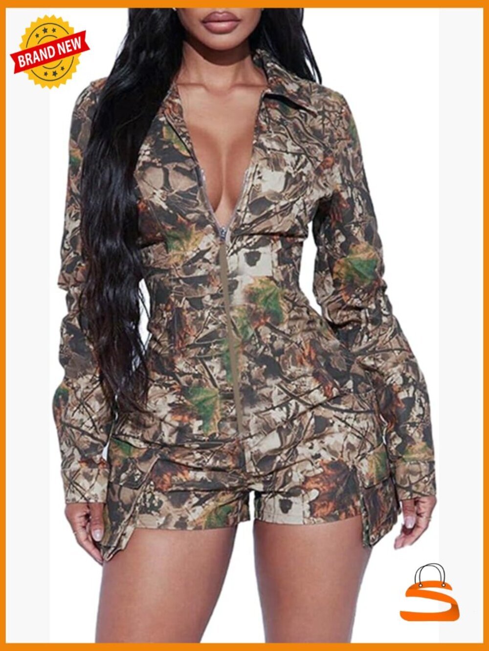 Long Sleeve Camo Cargo Romper One Piece Casual Jumpsuit Y2K Streetwear